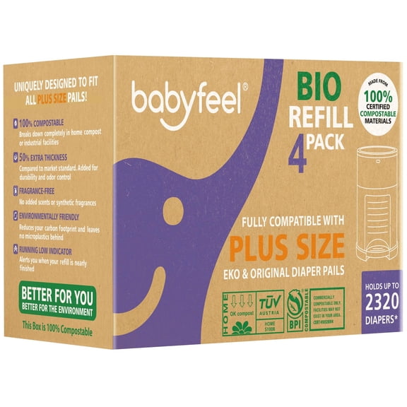 Babyfeel BIO Refills Compatible with DEKOR PLUS Diaper Pails | 100% Compostable | 4 Pack | 50% Extra Thickness |Compost Refill bags with Running Low Indicator | Powerful Odor Control | Fragrance-free