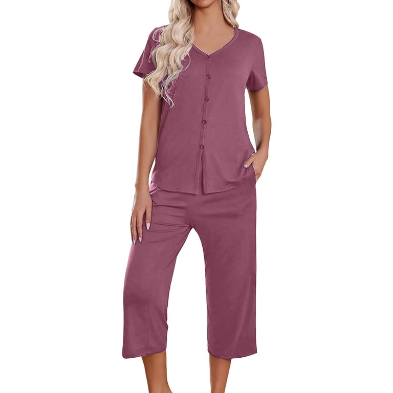 GYS Women's Pajama Set - Viscose Bamboo, Short Sleeve Top & Shorts, V-Neck Violet, Medium