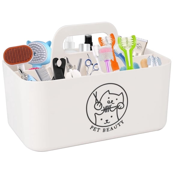 Brabtod Minimalist White Pet Cleaning Supply Caddy, Portable 4-Section Dog & Cat Grooming Organizer & Toy Storage Bin for Brushes, Combs & Pet Supplies-White