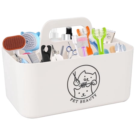 Brabtod Minimalist White Pet Cleaning Supply Caddy Portable 4-Section Dog & Cat Grooming Organizer & Toy Storage Bin for Brushes Combs & Pet Supplies-White