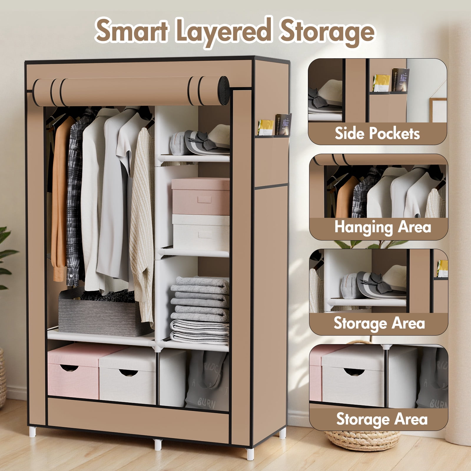 BAOKALER Ready-to-Use Coffee Brown Portable Closet: 6 Shelves, 1 Hanging Rod and 4 Side Pockets – Perfect for Bedrooms, Living Rooms, Cloakrooms, Garages, Dorms and Apartments