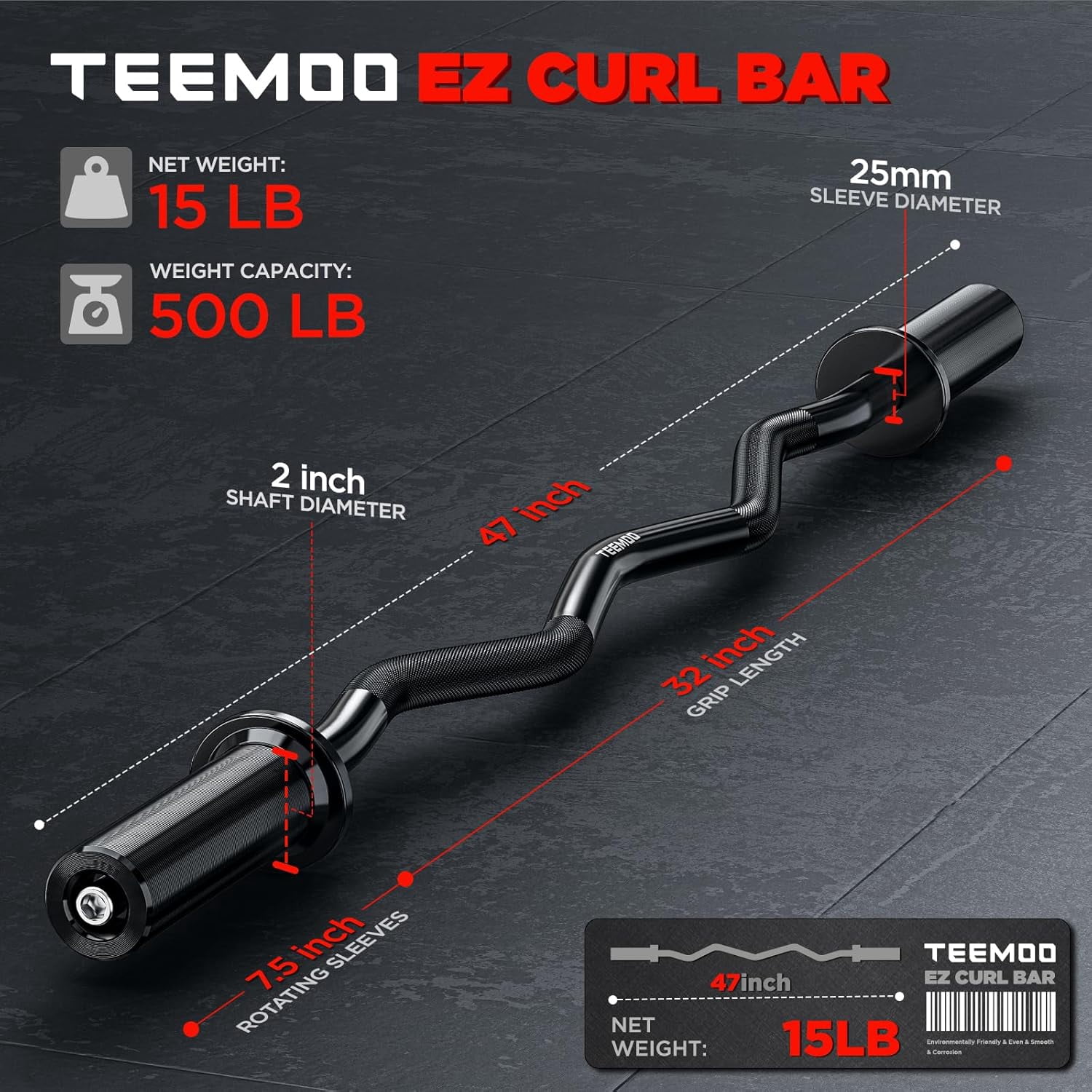 Curl Barbell Bar, 47 Inch Curl Bar with 2 Spring Collars for Weight Lifting Squat  Thrusts Biceps 500lb Capacity E-Coat  Black