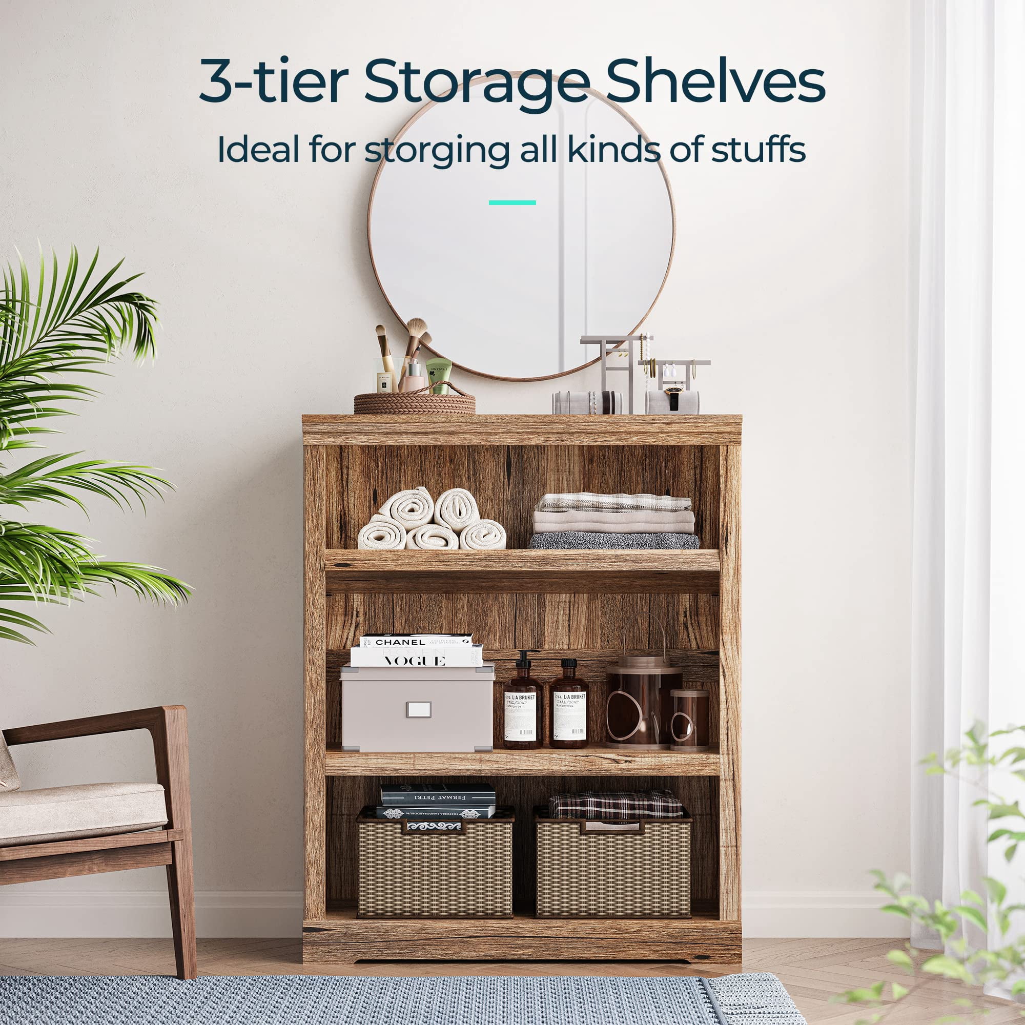 LINSY HOME 40in 3 Tier Bookshelf, Small Bookcase Shelf Storage Organizer, Modern Book Shelf for Bedroom, Living Room and Home Office,Dark Brown