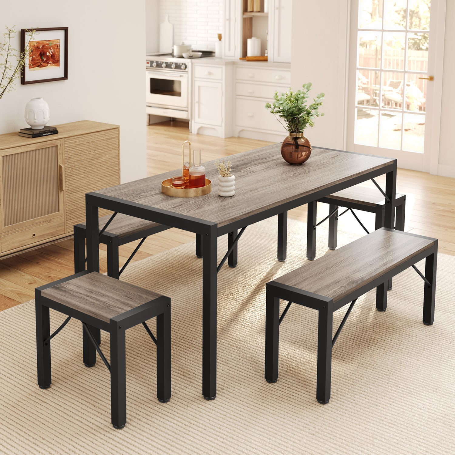 Aiho Dining Table Set for 6 Person, 63" Kitchen Table with 2 Benches & 2 Stools, Space Saver Dining Set for Kitchen, Dining Room, Living Room, Gray