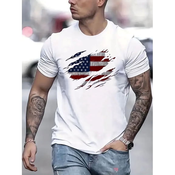 Men's Patriotic American Flag T-Shirt Vintage Ripped USA Graphic Tee Retro Short Sleeve White Cotton Blend Top for Independence Day 4th of July