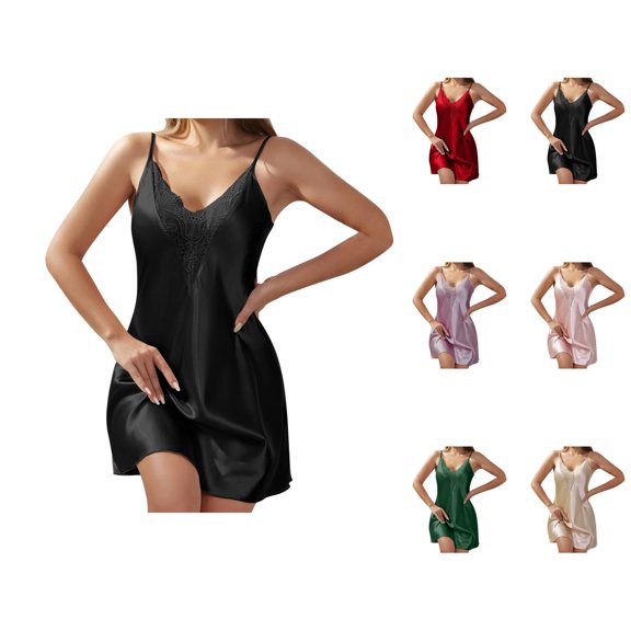 Nightgowns for Women Summer Silky Spaghetti Strap V Neck Lace Camisole Sleep Dress Pajama Dress Sleepwear