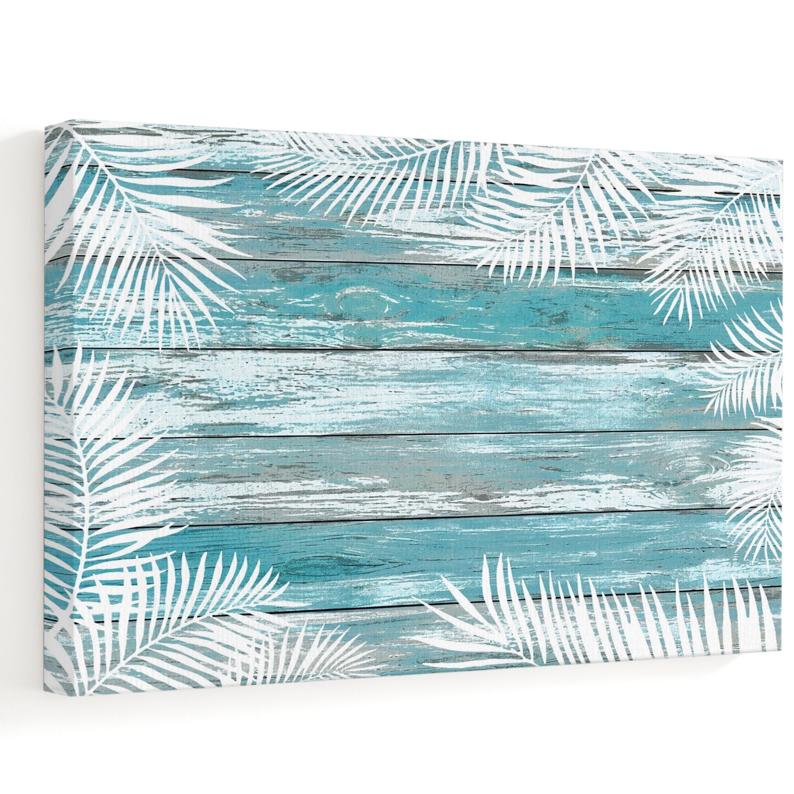 Blue Wood Grains Canvas Wall Art 10 x 8 Summer Coastal White Palm Leaf Tropical Fronds Frame Picture Prints Ready to Hang Waterproof Artwork Decor for Bathroom Kitchen Small Wall Spaces