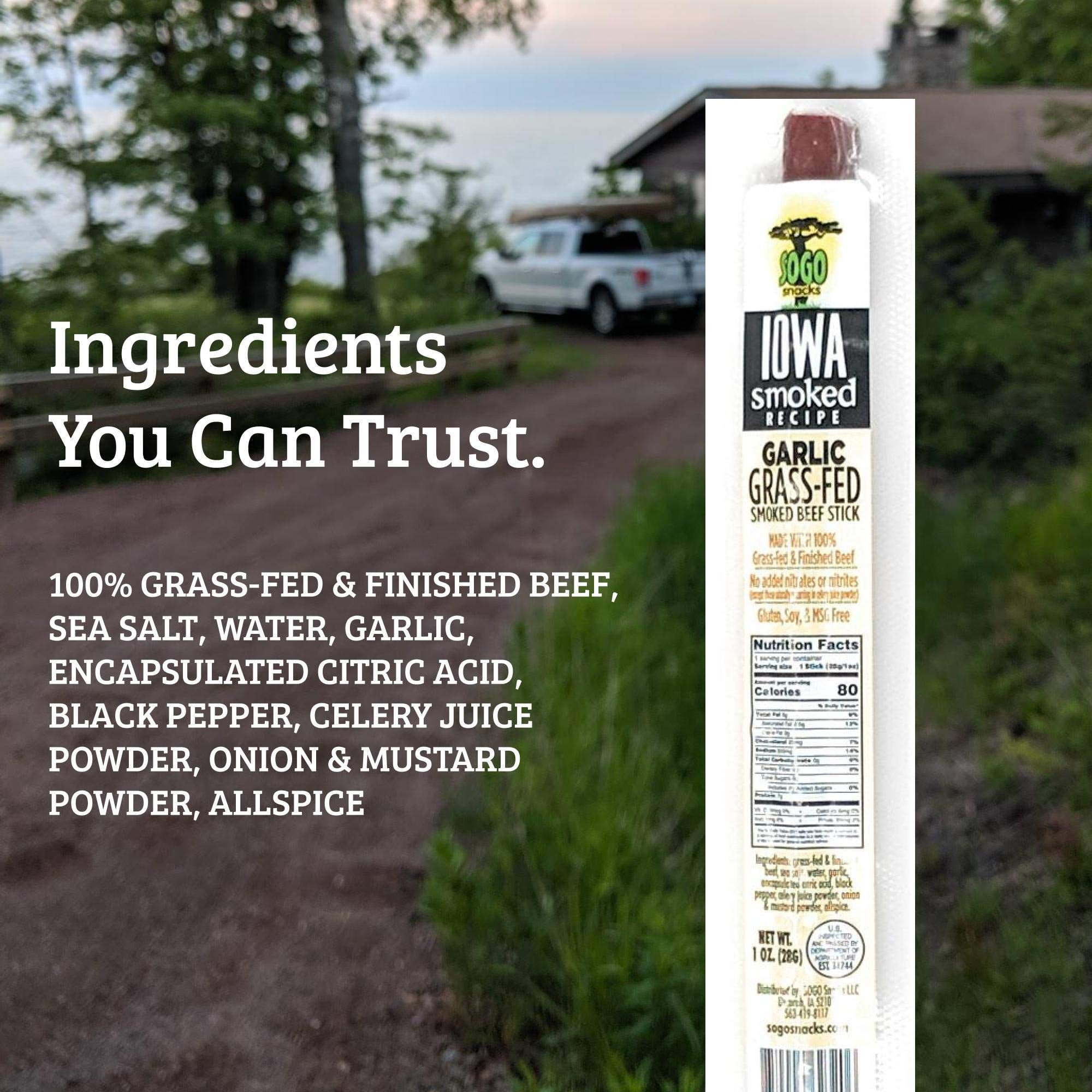 Garlic, Sogo Snacks Iowa Smoked, No Sugar, 100% Grass-fed/finished, Non-GMO Beef Sticks. No Added Nitrates, Gluten, Soy, MSG, Dairy, or Nuts. Keto, Paleo Friendly (Garlic-ISR, 1-oz, 48 Cnt)