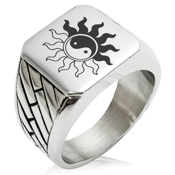 Stainless Steel Blazing Sun Yin Yang Geometric Pattern Biker Style Polished Ring