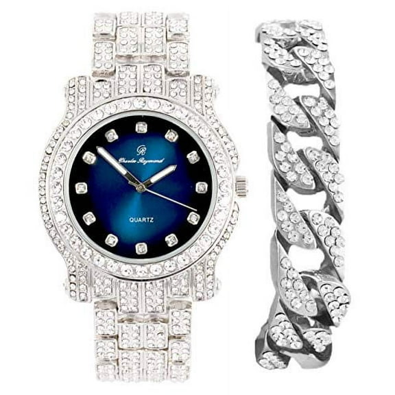 Bling-ed Out Silver Round Luxury Mens Watch w/Bling-ed Out Cuban Bracelet - Cuban (DXB Silver Magic Blue)
