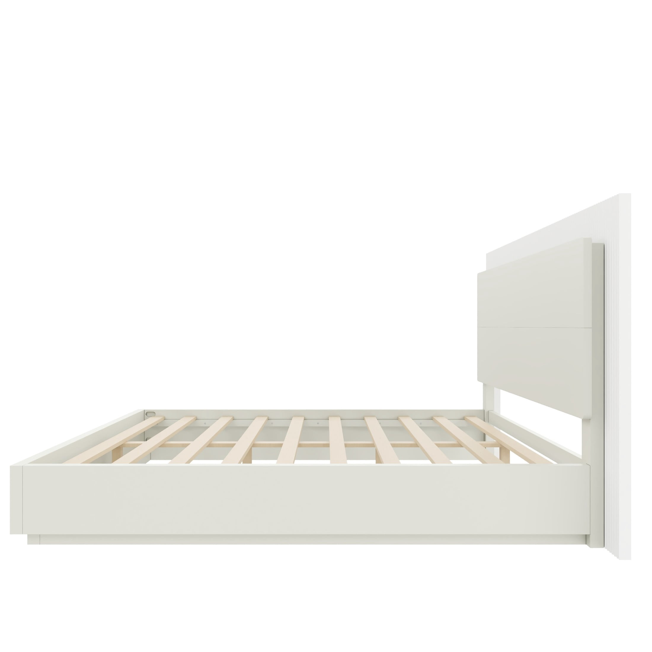 Noble House Queen Wood Platform Bed Frame with LED Headboard, Modern Mattress Foundation with Center Support, White
