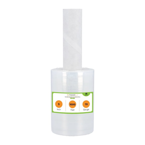 PSBM Mini Hand Stretch Wrap with Extended Core Handle 5" x 1000' 12 Rolls 70 Gauge Clear Plastic Shrink Film for Packing Moving