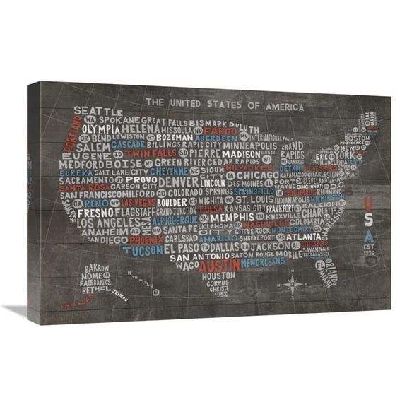 Global Gallery's 'US City Map on Wood Gray' By Michael Mullan Stretched Canvas Wall Art