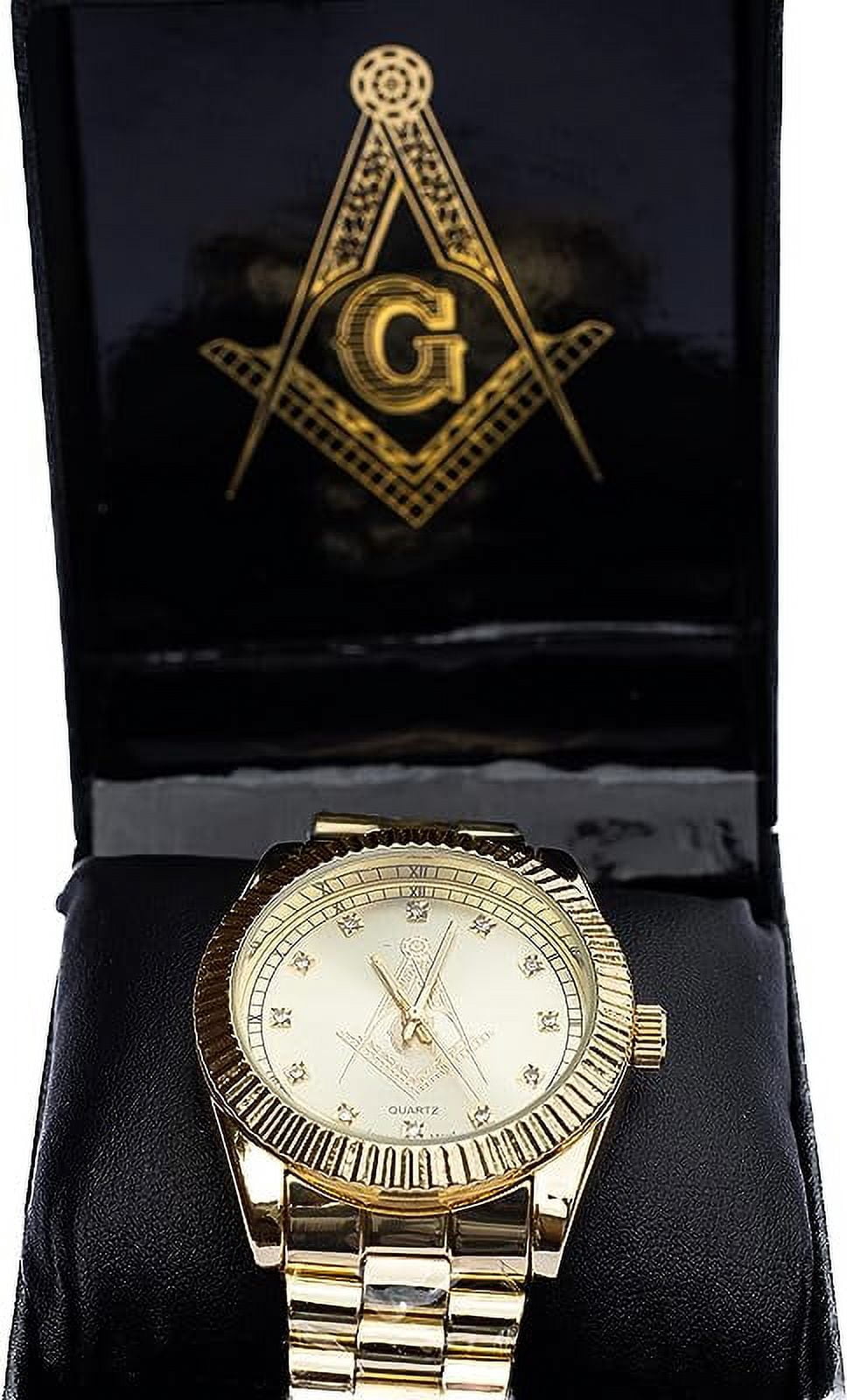 Trendy Zone 21 Freemason Masonic Symbol Quartz Wrist Analog Watch with Gold Tone Metal Band | Classy Gift for Men | Dimension – 4" x 3" x 3"