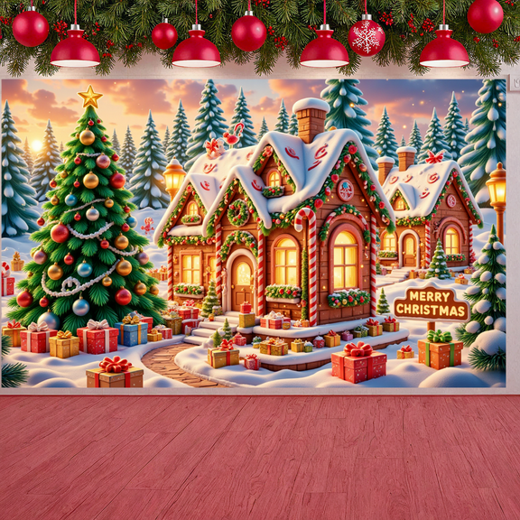 Festive Decor Holiday Banner Gingerbread House Christmas Tree Decoration Winter Scene for Holiday Party Family Gathering Home Decoration