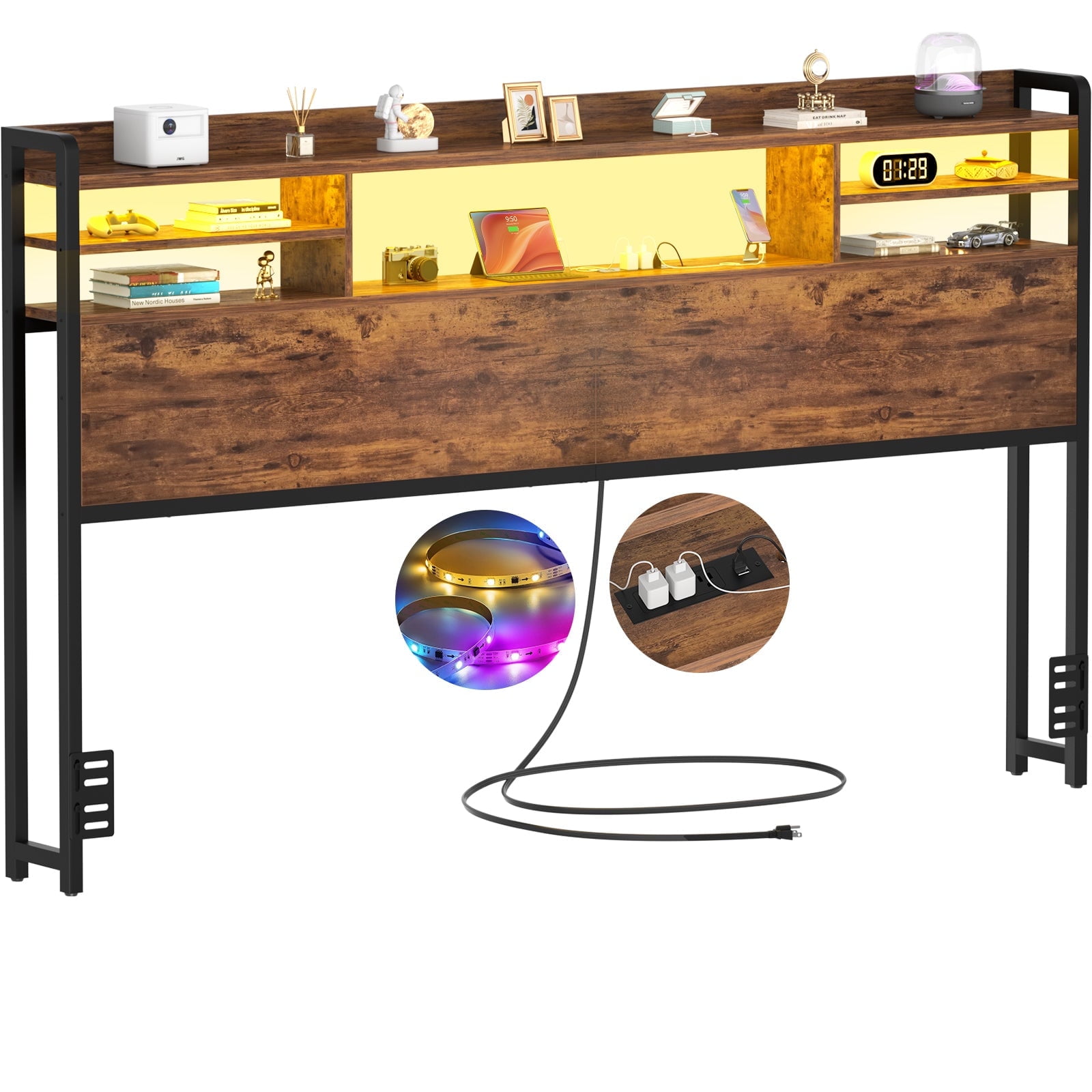 iSunirm Headboard for King Size Bed with Bookcase Storage, King Headboards with LED Light and Power Outlets, Modern King Size Head Board, for King Size Bed, 77.2'' Width, Rustic Brown