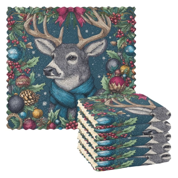 6 Pieces of Kitchen Towels 11x11Inch Kitchen Dish Cloths Kitchen Dish Towels Reuseable Cleaning Cloths A Christmas Deer