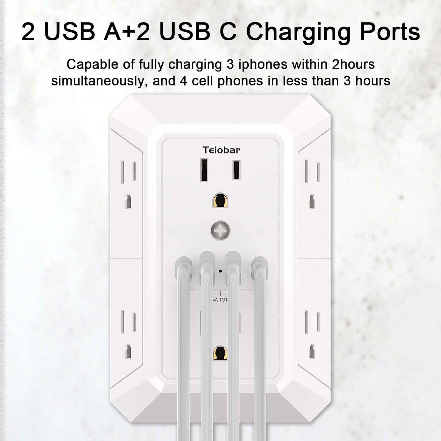 Multi Plug Wall Outlet Surge Protector - Outlet Extender with 6 Outlets and 4 USB Ports(2 USB-C), Outlet Splitter for Home Office Dorm Room Essentials, ETL, White