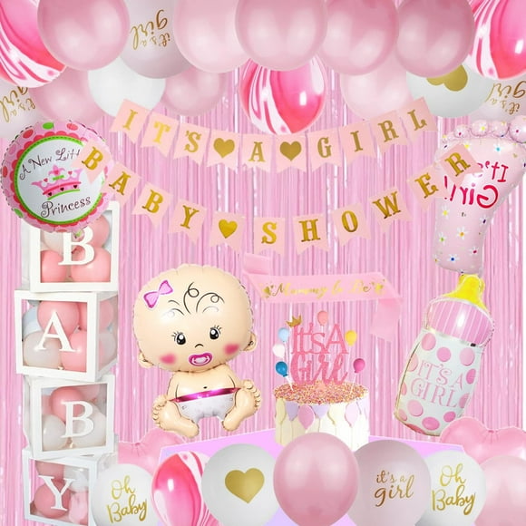 Baby Shower Decorations for Girl, 109 Pieces Pink Baby Party Decor Kit with Balloon Garland Backdrop Banner Balloons Boxes and Tablecloth for Birthday Wedding Bridal Shower Party Supplies