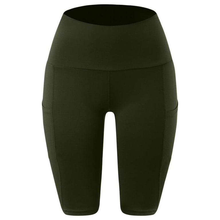 MRULIC yoga pants Women's High Waist Yoga Pockets Shorts Abdomen Control  Training Running Pants Army Green + M 