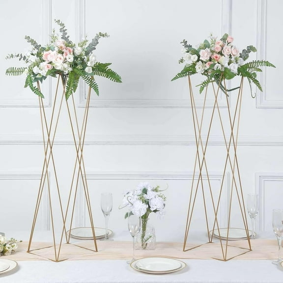 Efavormart 2 Pack | 32" Gold Geometric Crisscross Metal Frame Centerpieces, Open Column Pedestal Flower Stands