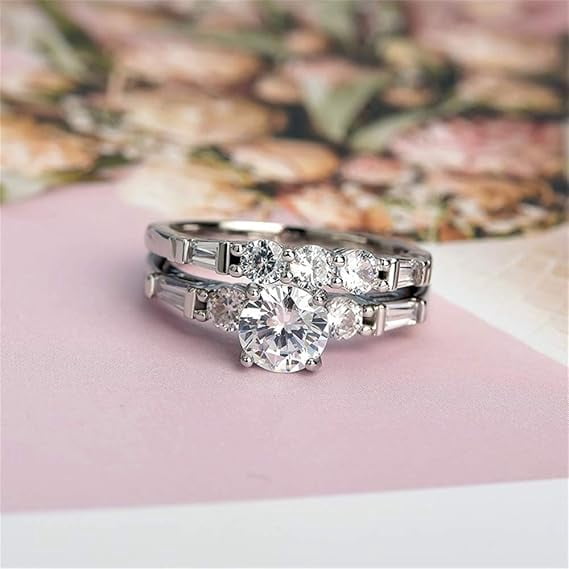 925 Sterling Silver Round Cut Simulated Diamond Engagement and Bridal Set, Classic Wedding Ring for Women, Bridal Jewelry