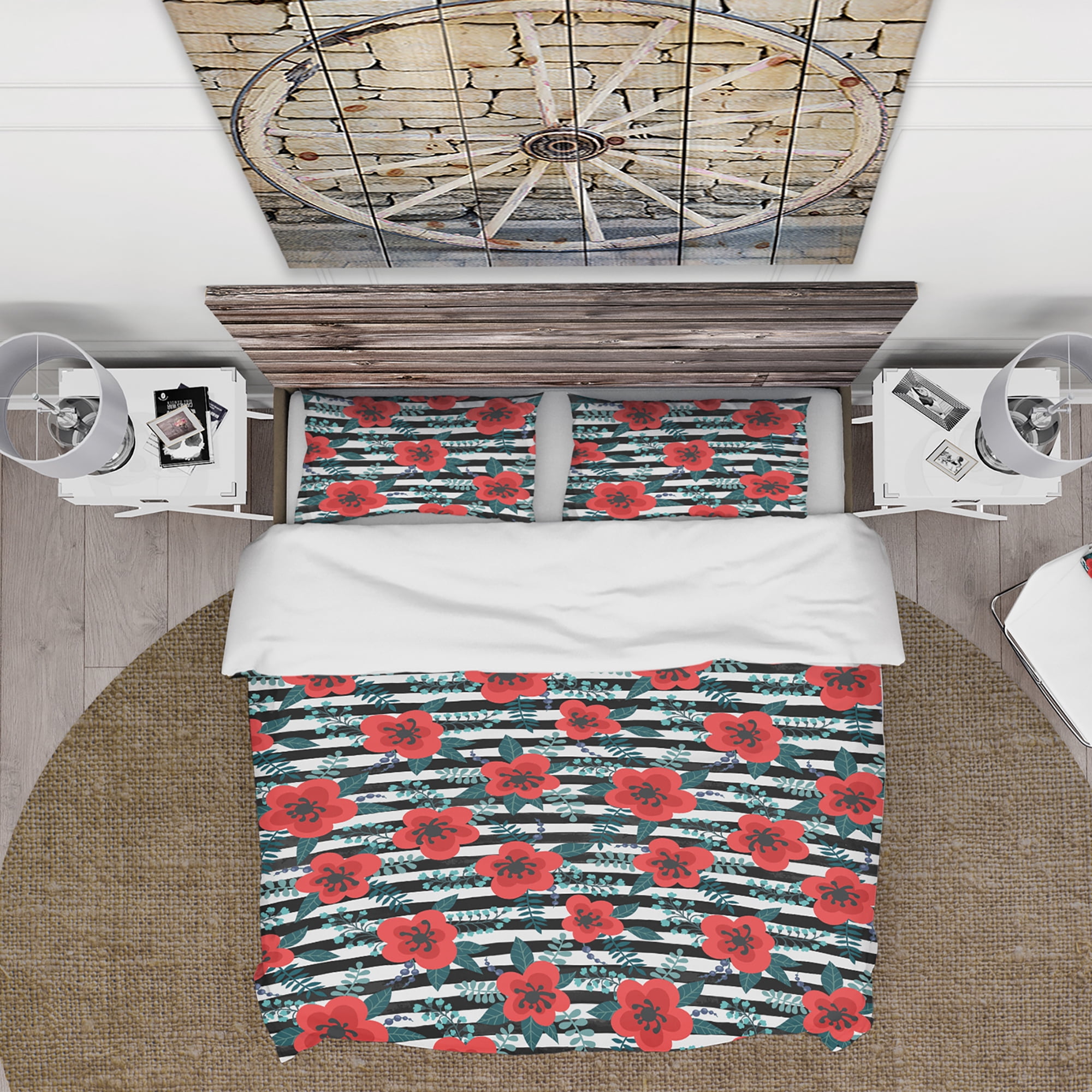 Designart 'Red Flowers with Leaves, Branches and Berries' Floral Duvet Cover Set