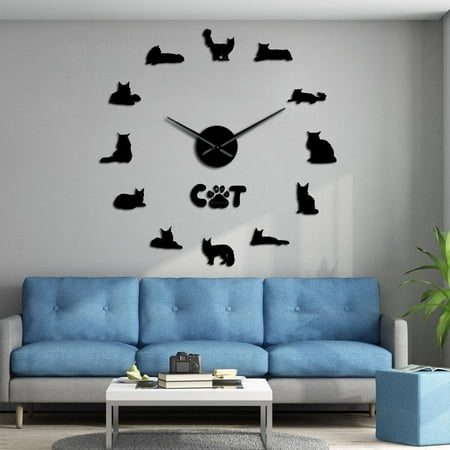 The Gentle Giant Maine Coon Wall Clocks DIY Cat Silhouette Wall Art Stickers Decorative Large Wall Clock Contemporary Style Watch(Black,27inch)