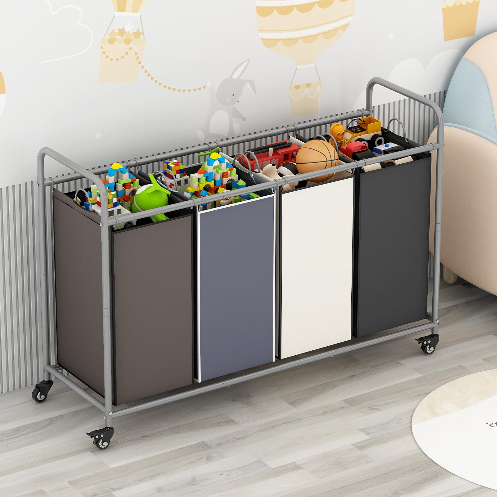 4 Bag Laundry Basket Sorter Laundry Hamper Cart with Heavy Duty Rolling Lockable Wheels and Removable Bags Organiser