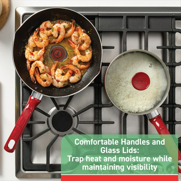 T-fal - daisy T-fal Easy Care Nonstick Cookware, 20-Piece Set, Red, with