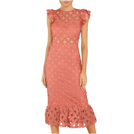 Olyvenn Women s Summer Maxi Boho A-line Dresses Extra Long Sleeveless Cocktail Dress Lace Hollow Solid Sundress Crew Neck Babydoll Lace Splice Ruffled Flounce Hip Wrap Smocked Party Pink 16