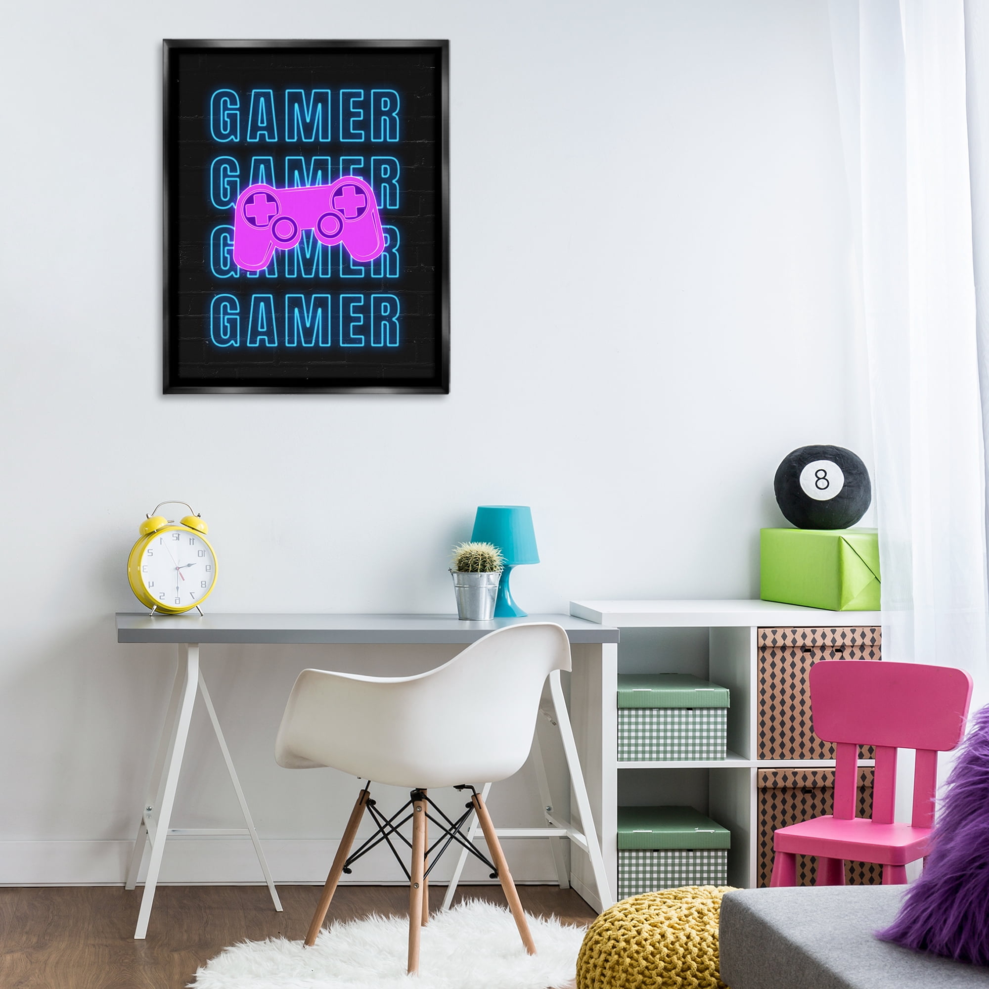 Stupell Industries Neon Gamer Words Typography Painting Black Floater Framed Art Print Wall Art, 25 x 31