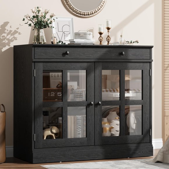 35.4" Modern Sideboard Cabinet with 2 Glass Doors, Adjustable Shelf, Large Drawer, Accent Storage Cabinet for Living Room, Kitchen