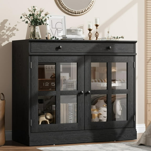Litake Sideboard with Glass Door, 35.4 Inch Modern Buffet Cabinet with Drawer & Storage, Black Sideboard for Dining Room, Kitchen, or Living Room