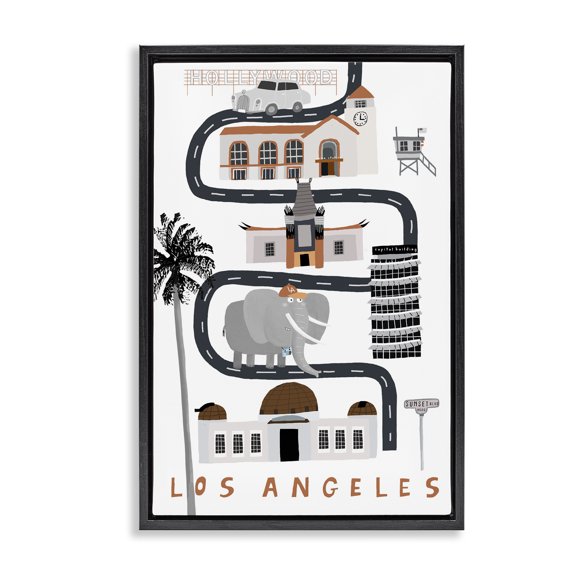 Stupell Industries Los Angeles Whimsical Travel City Cityscapes Painting Black Floater Framed Canvas Art Print Wall Art, 17 x 25