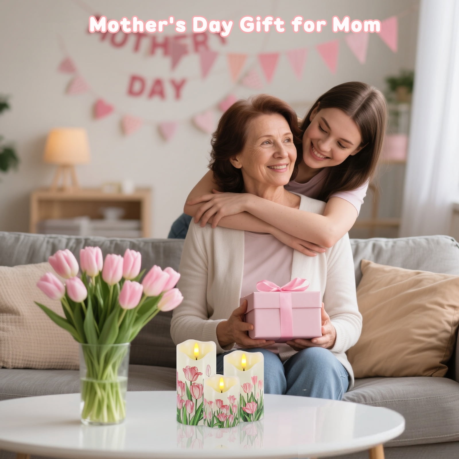 Flameless Candles Light, Set of 3 Flickering Tulip Pillar Candles with Remote & Timer, Dimmable Real Wax Electric LED Candles Battery Operated, Birthday Gift Mother's Day Gift for Mom Grandma Women