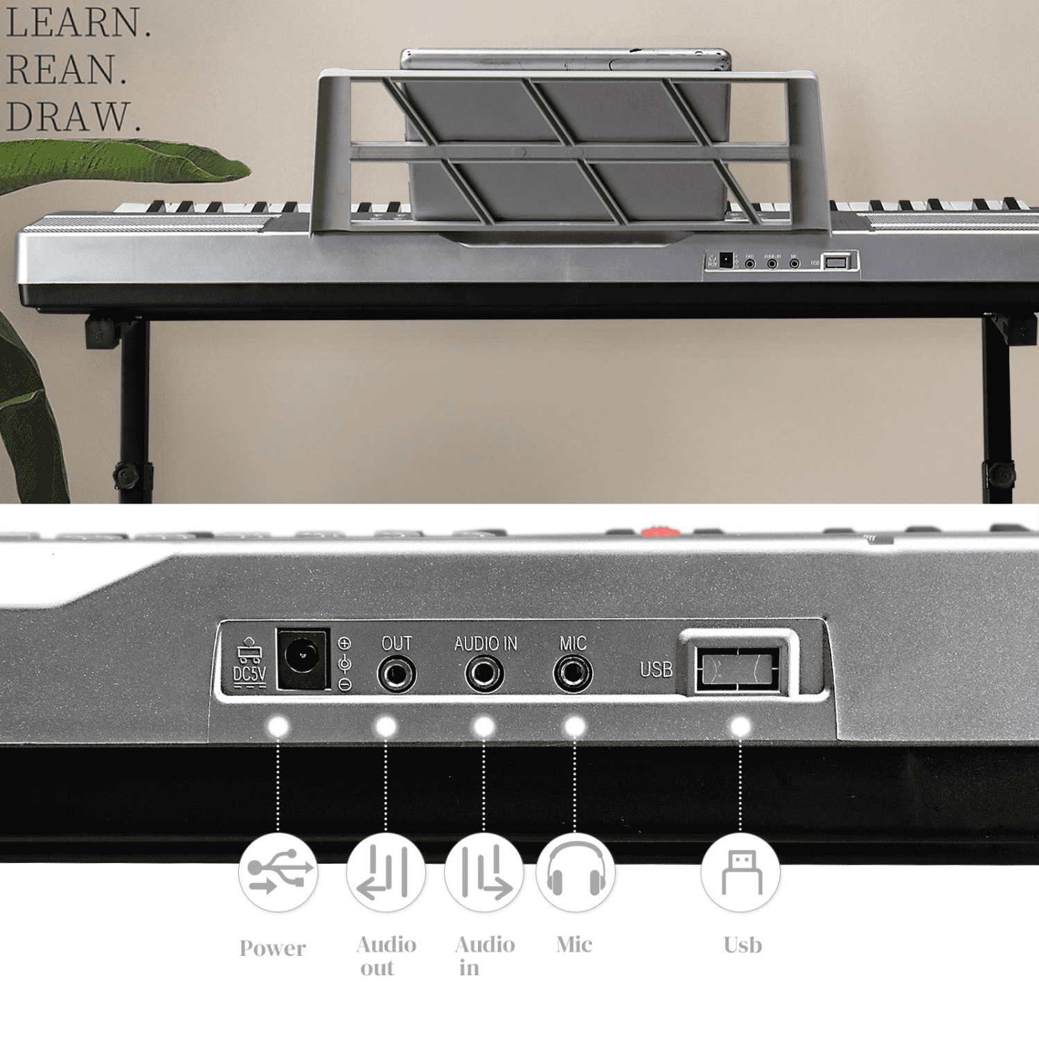 Hassch 61 Key Keyboard Piano with Stand, Bench, 3 Teaching Modes, Headphone, Microphone, Built In Speakers, Music Rest, LED Screen for Beginners, Silver