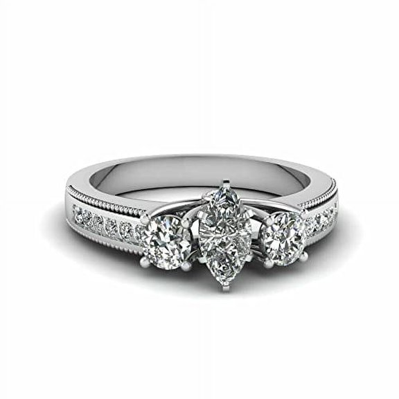 HeartsAndYou 1ct Marquise Cut Moissanite 3 Stone Milgrain Engagement Ring for Women 18k White Gold Over Silver Stylish
