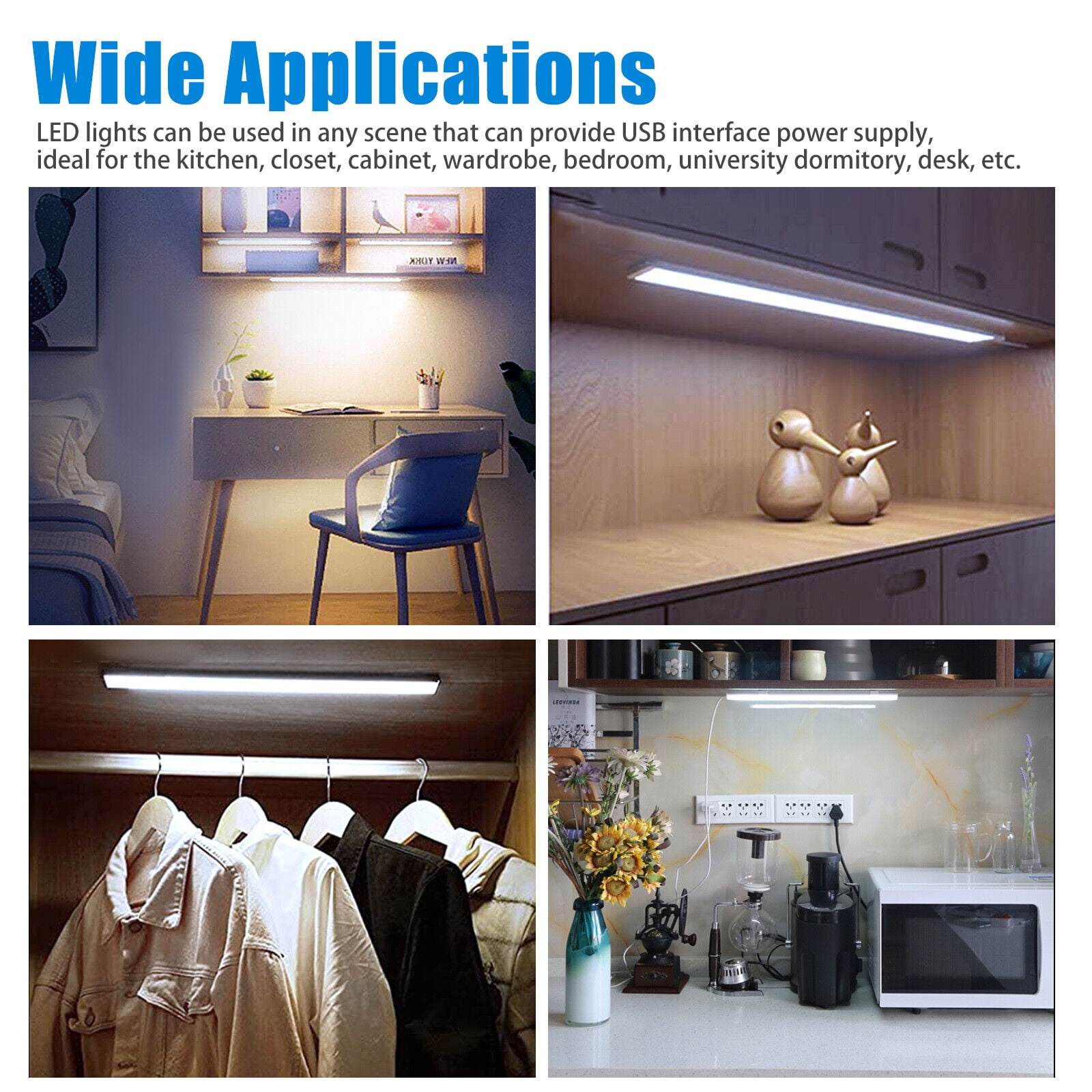 2x LED Kitchen Under Cabinet Closet Shelf Lighting Strip Bar USB Lights Lamp Kit