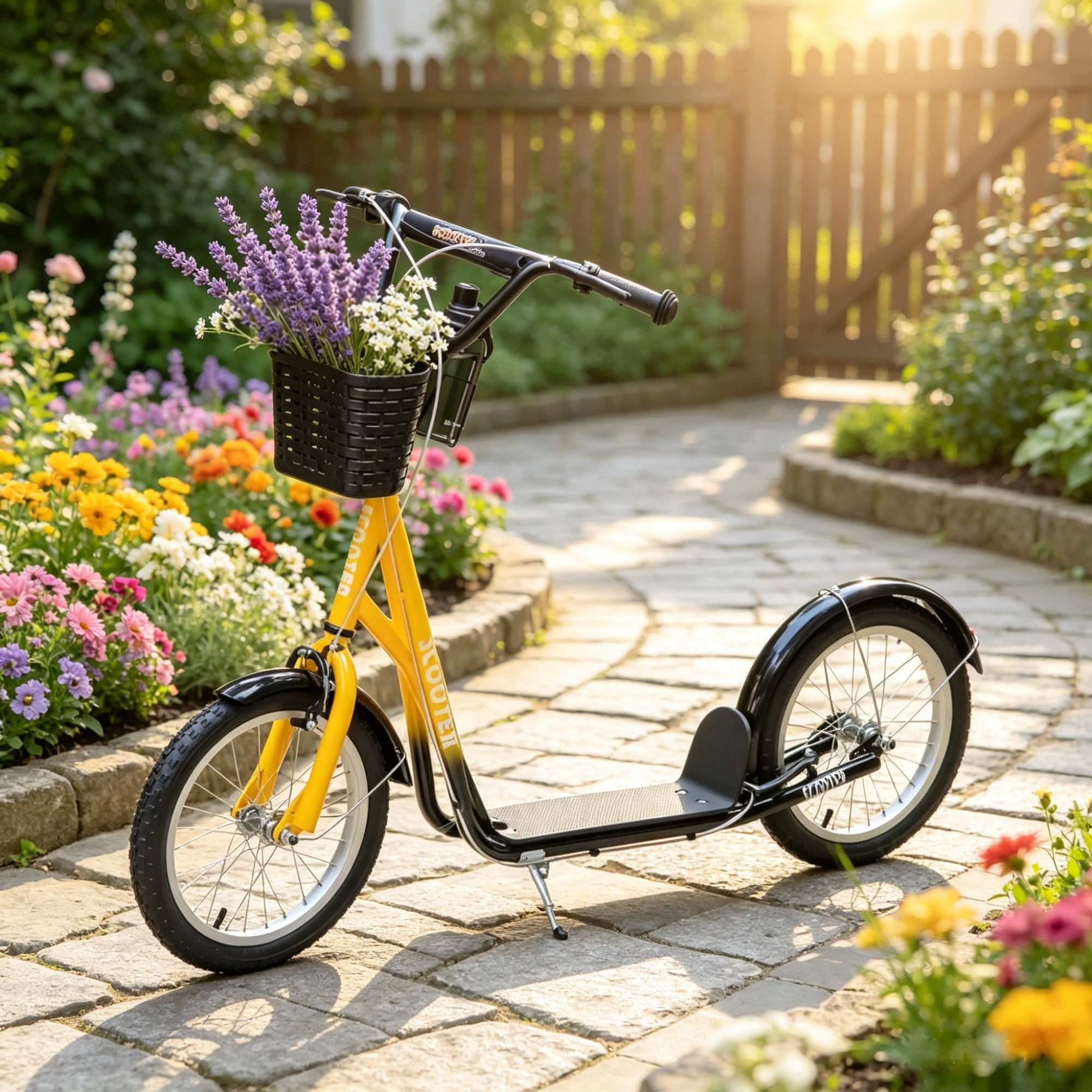 16" Inflatable Youth Scooter, Kick Scooter with Adjustable Handlebars, Double Brakes, Front Basket and Cupholder, Orange