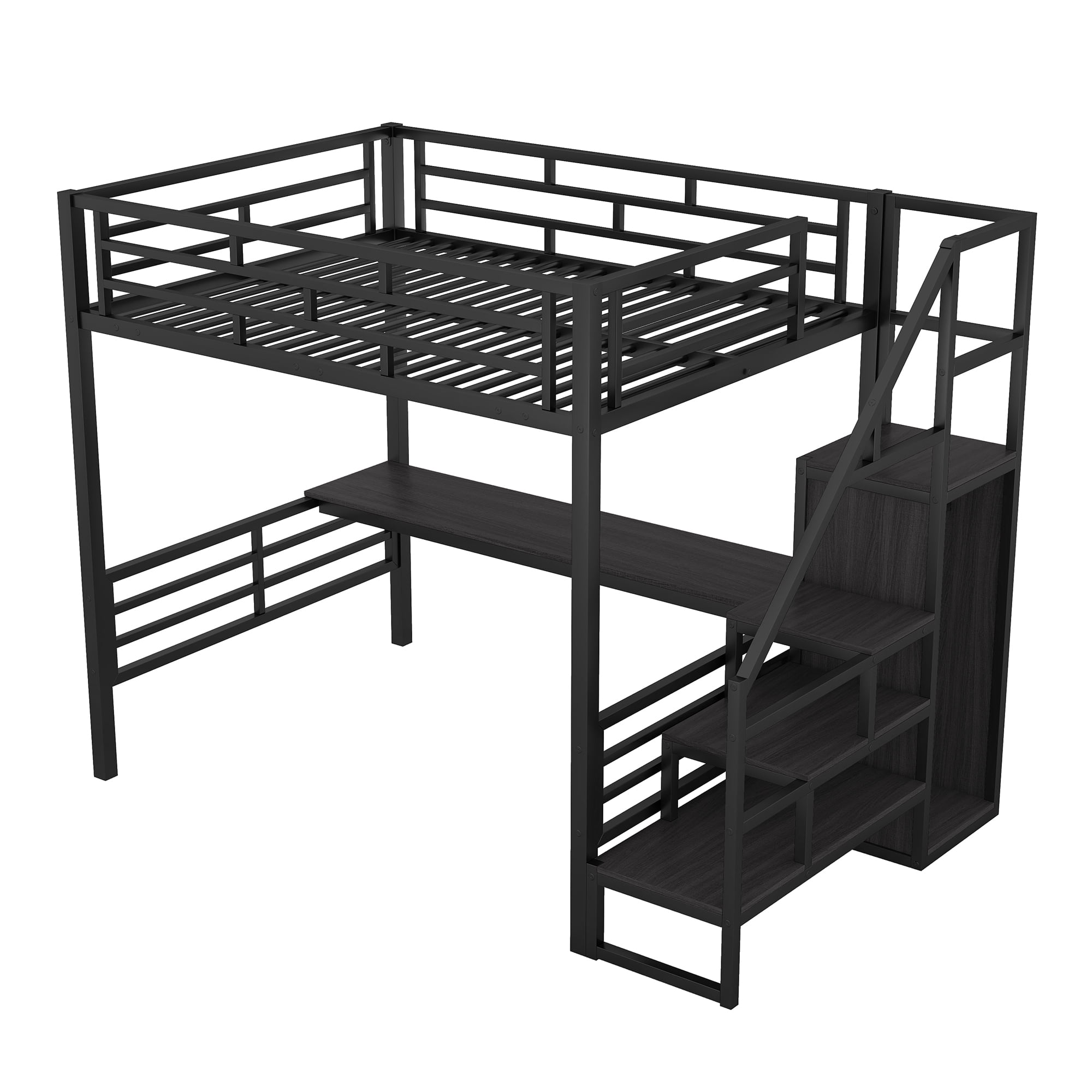 Aukfa Full Size Metal Loft Bed with Desk and Wardrobe, Staircase Loft Bed for Kids Teens - Black