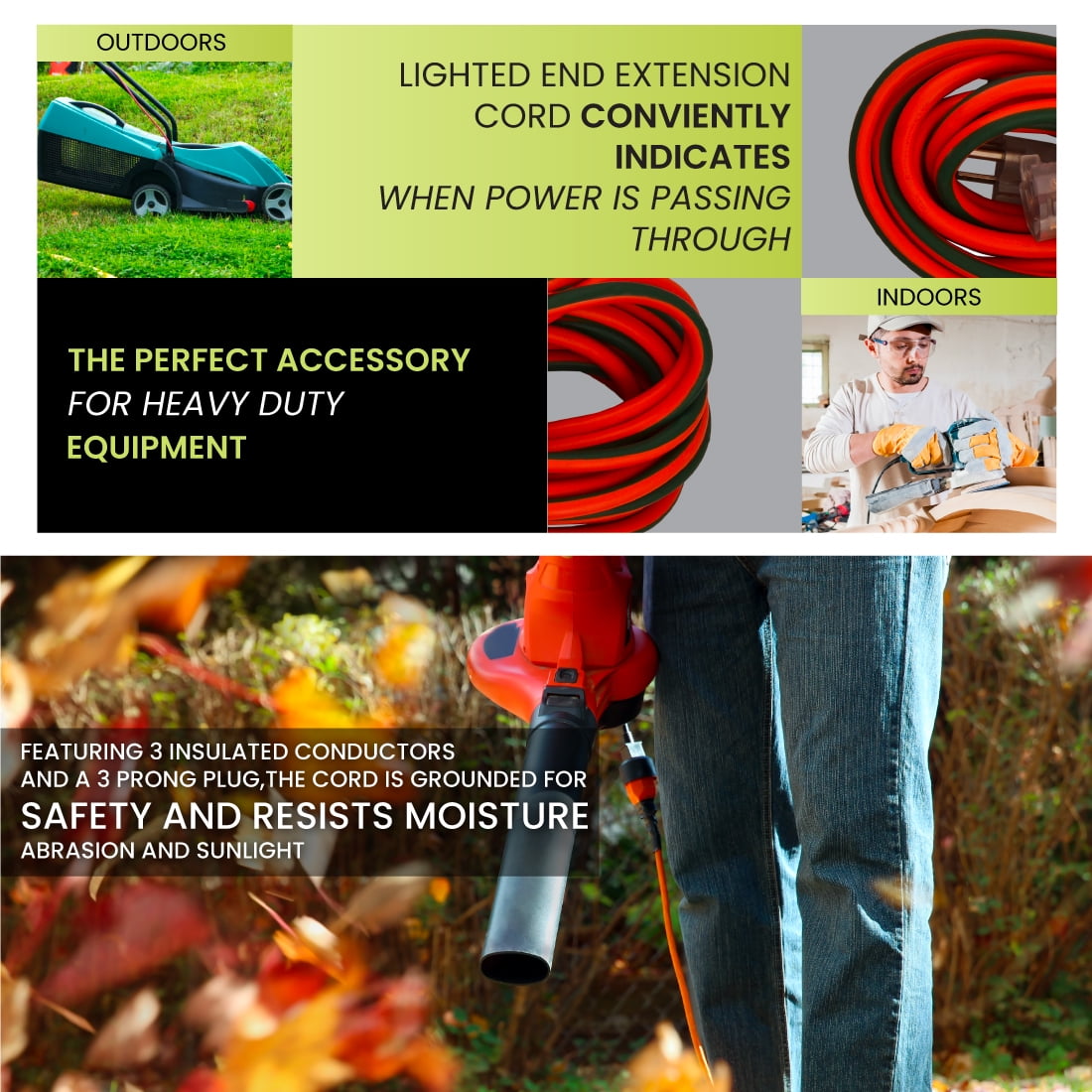 GoGreen Power 16/3 50' 13750 Heavy Duty Extension Cord, Lighted End
