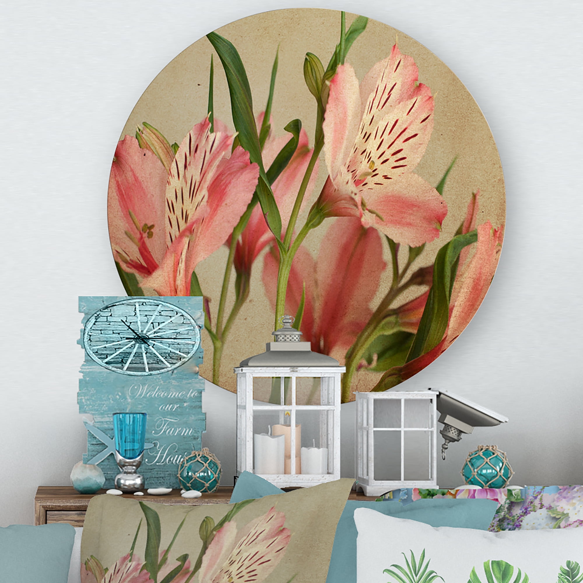 Designart 'Alstroemeria Flower Retro ' Traditional Circle Metal Wall Art 11x11 - Disc of 11