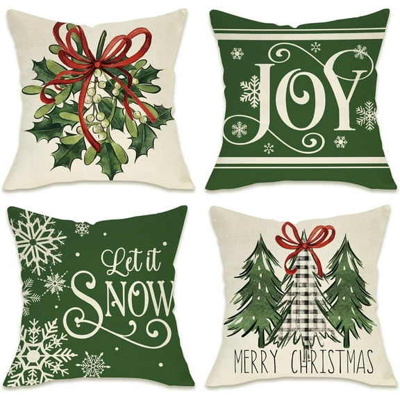 Merry Christmas Tree Decorative Throw Pillow Covers 18x18 Set of 4, Xmas Joy Holly Berry Snowflakes Green Outdoor Pillowcase, Let It Snow Winter Holiday Farmhouse Cushion Case Home Decor