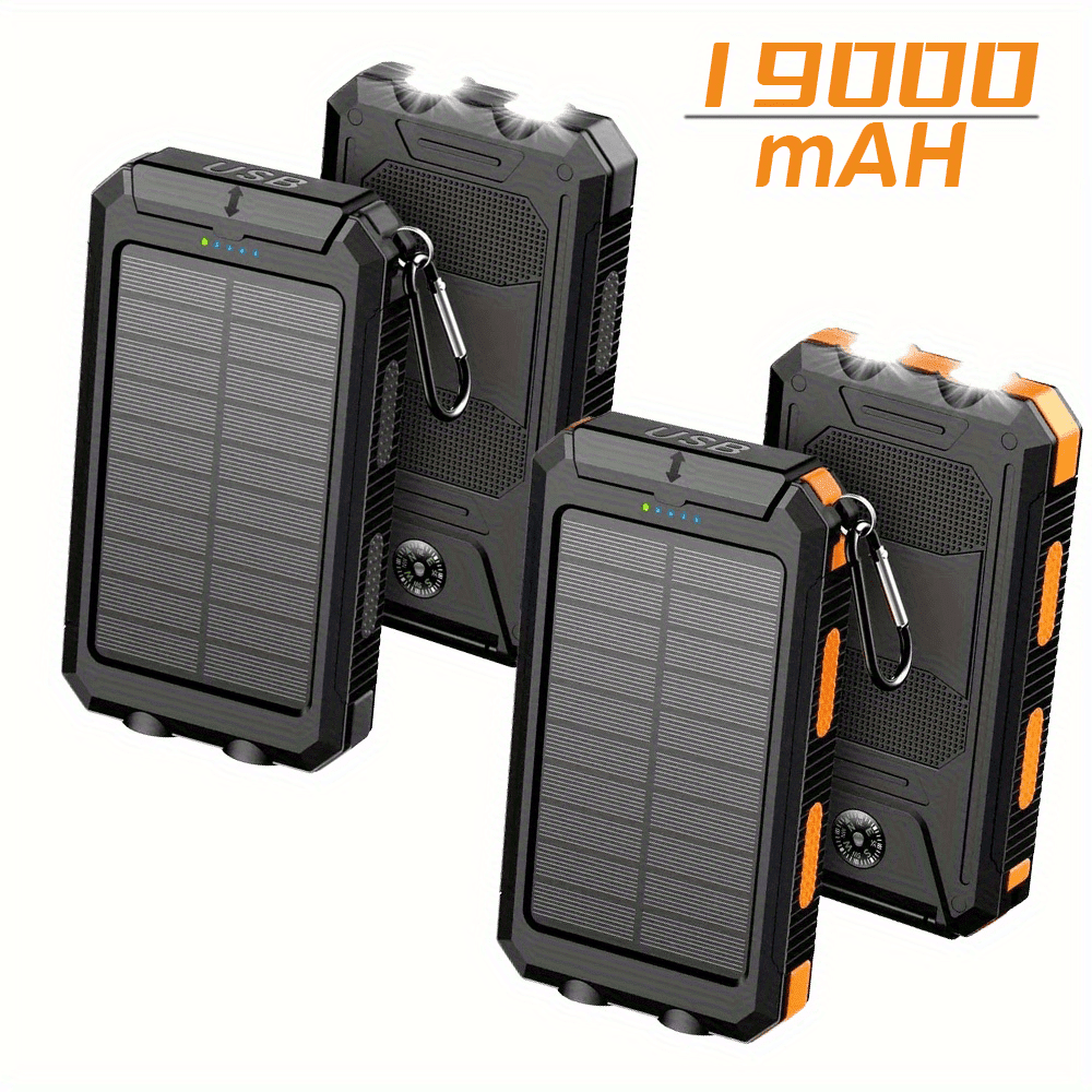 19000mAh Solar Charger Power Bank, Portable Solar Phone Charger, Camping External Battery Charger Suitable for Mobile Phones, 2 USB Ports/LED Flashlight with Compass Suitable for Outdoor Activities