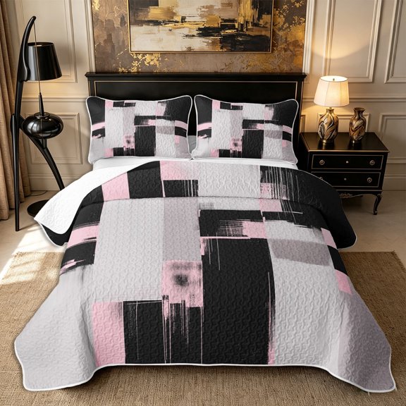 Castle Fairy Bohemian Geometric Block Twin Quilt Set 2 Pieces,Minimalism Vertical Streak Twin Coverlet Set,Black Pink Gray,1 Bedspread and 1 Pillowcase