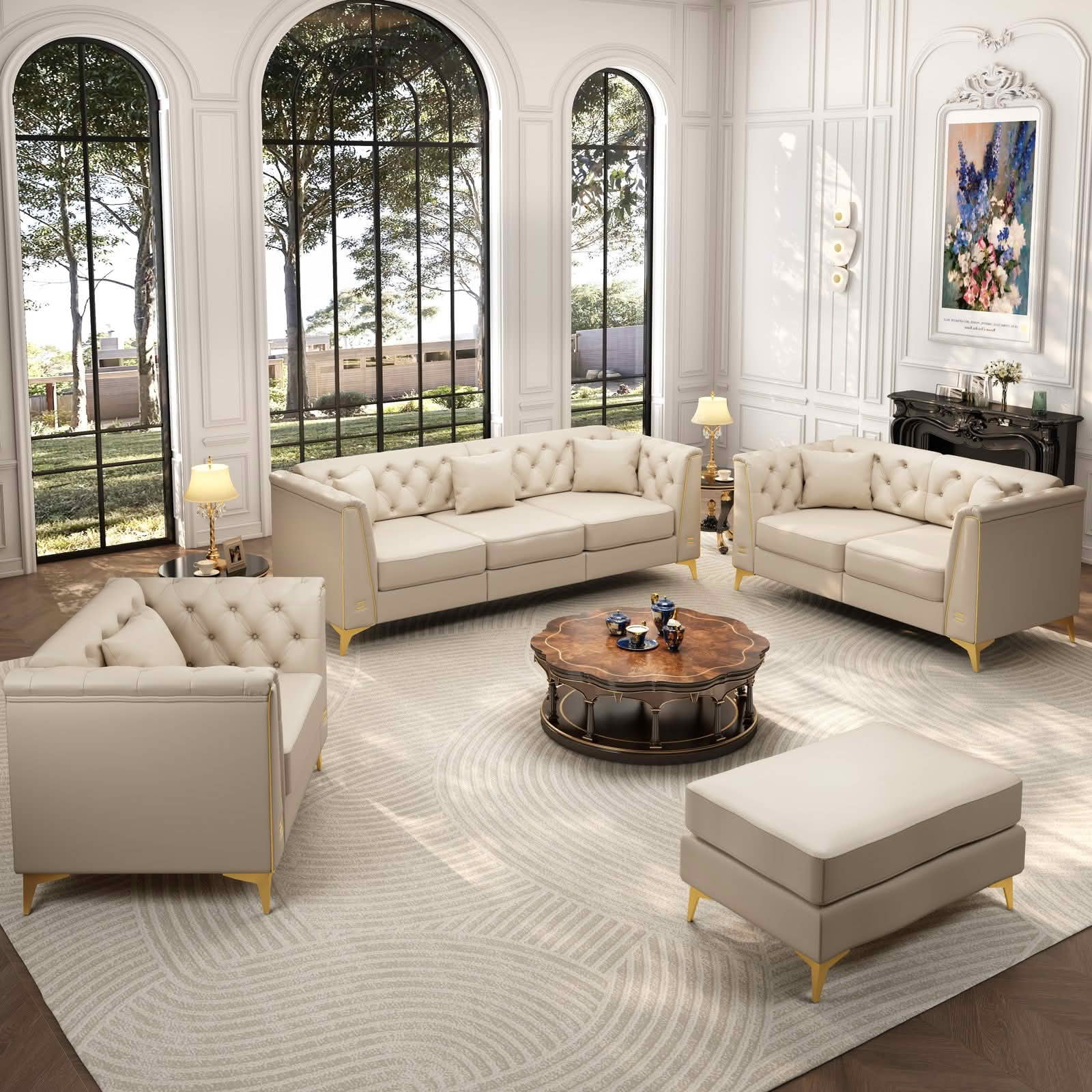 MAYEERTY Light Luxury Modular Chesterfield Sectional Sofa Set, Faux‑Leather Combination with Button Tufting, Metal‑Trim Armrest & Slim Metal Legs, 6 Pillows Included for Living Room