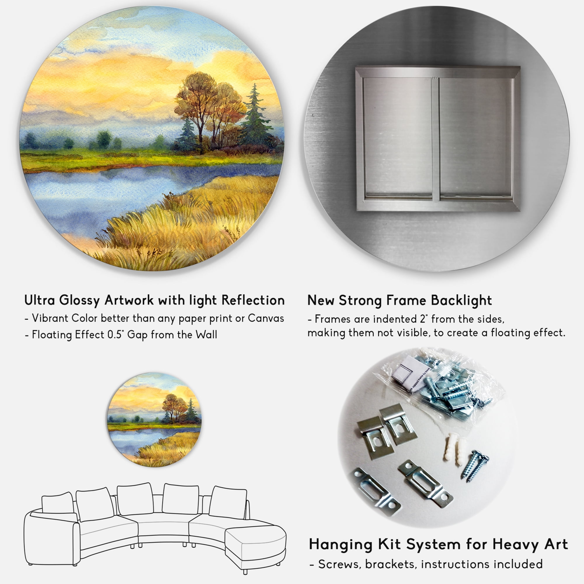 Designart 'The Awakening of Nature Over Meadows' Lake House Circle Metal Wall Art 23x23 - Disc of 23