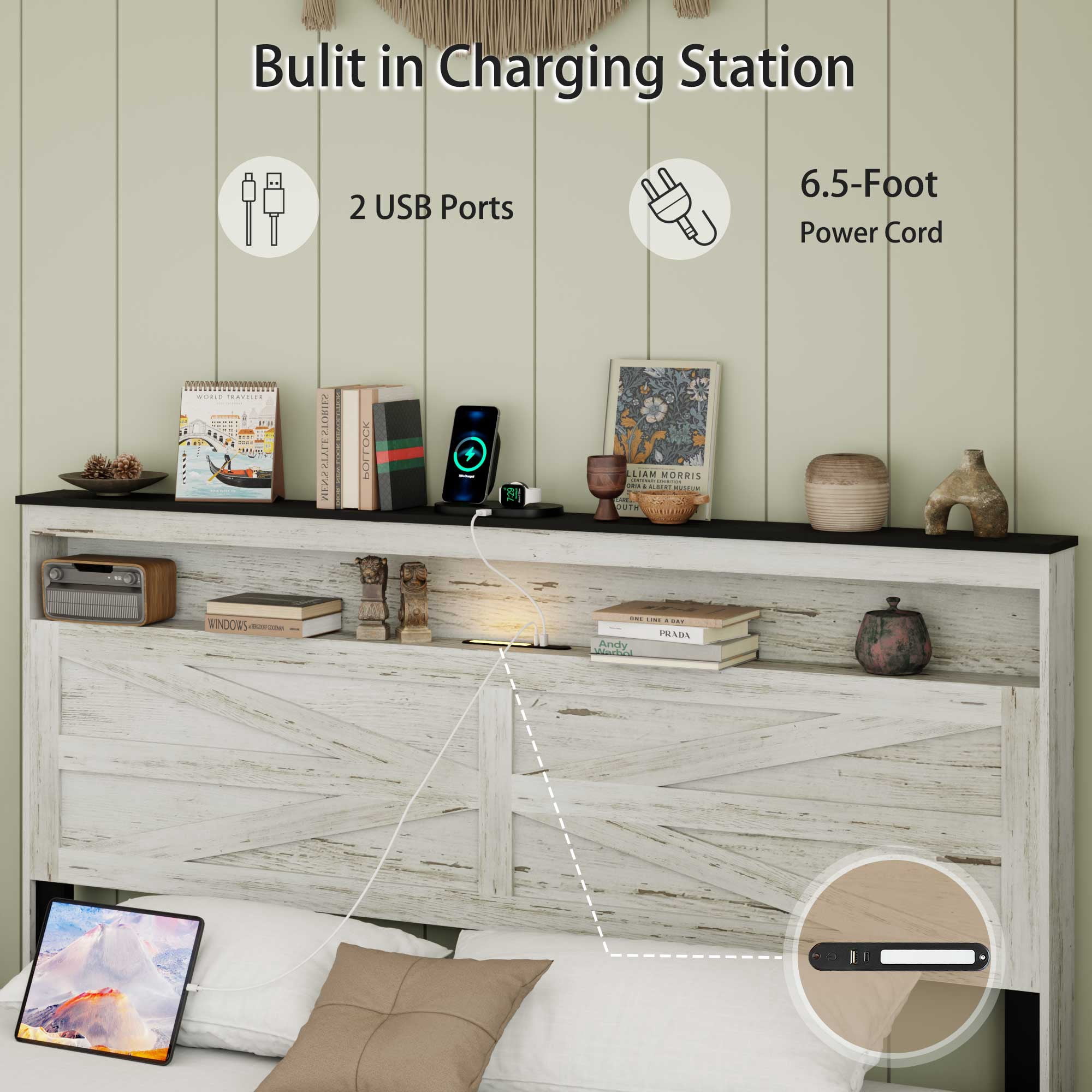 SESSLIFE Queen Bed Frame with Storage Headboard and Charging Station, Farmhouse Platform Bed with LED Strip Light, Metal Slats Support for 800 lbs, No Box Spring Needed, Antique White & Gray