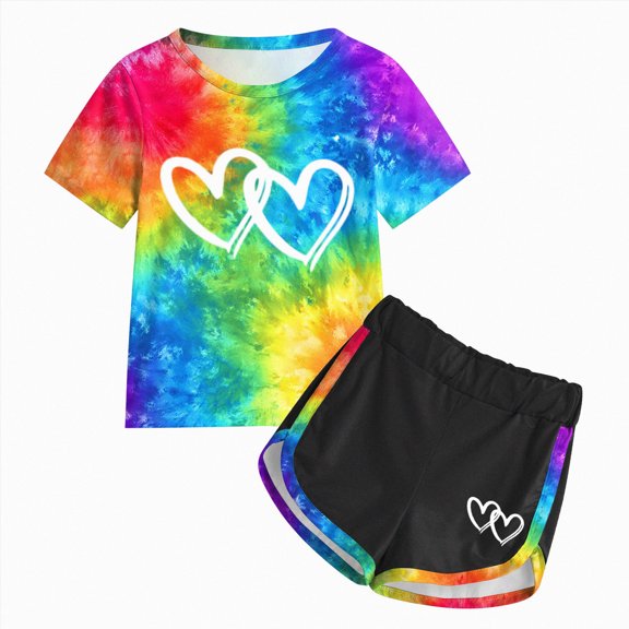 zaveiop 4-7Y Tween Girl Clothes 2 Piece Short Sleeve Tie Heart Print Top Shorts Teen Girl Summer Outfits Short Set (Yellow, 4-5 Years)